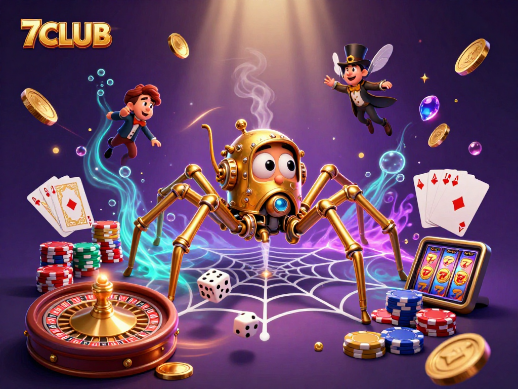 Engage with 7CLUB in an enchanting scene filled with gold coins, cards, and a charming steampunk spider.