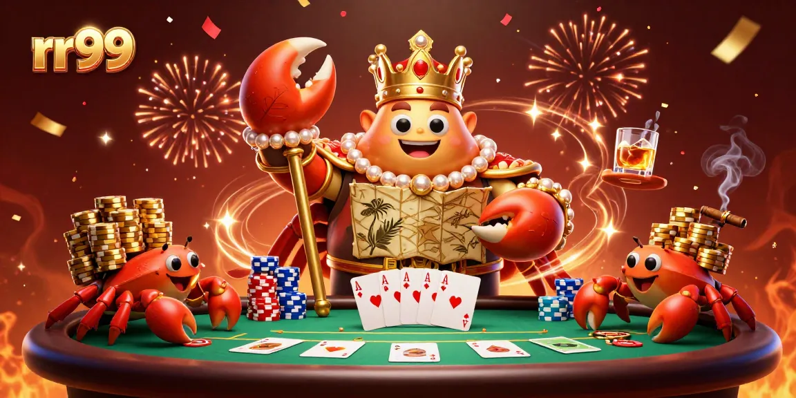 Engage with rr99 at a vibrant casino scene featuring a golden crab emperor and exciting game elements.