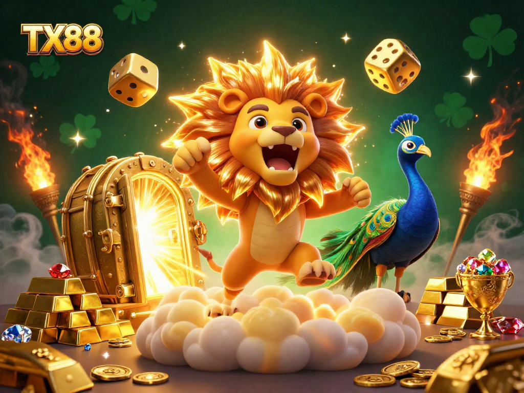 Win big with TX88 in this vibrant, action-packed casino illustration showcasing sunny luck and golden treasures.