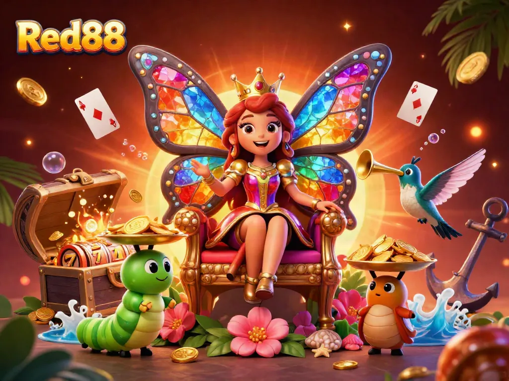 Experience the captivating game world of Red88 with dynamic characters, slot reels, and treasure elements.