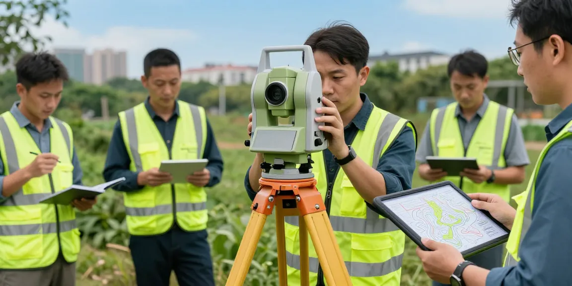 Surveyors conducting topographical surveys using advanced equipment in urban setting