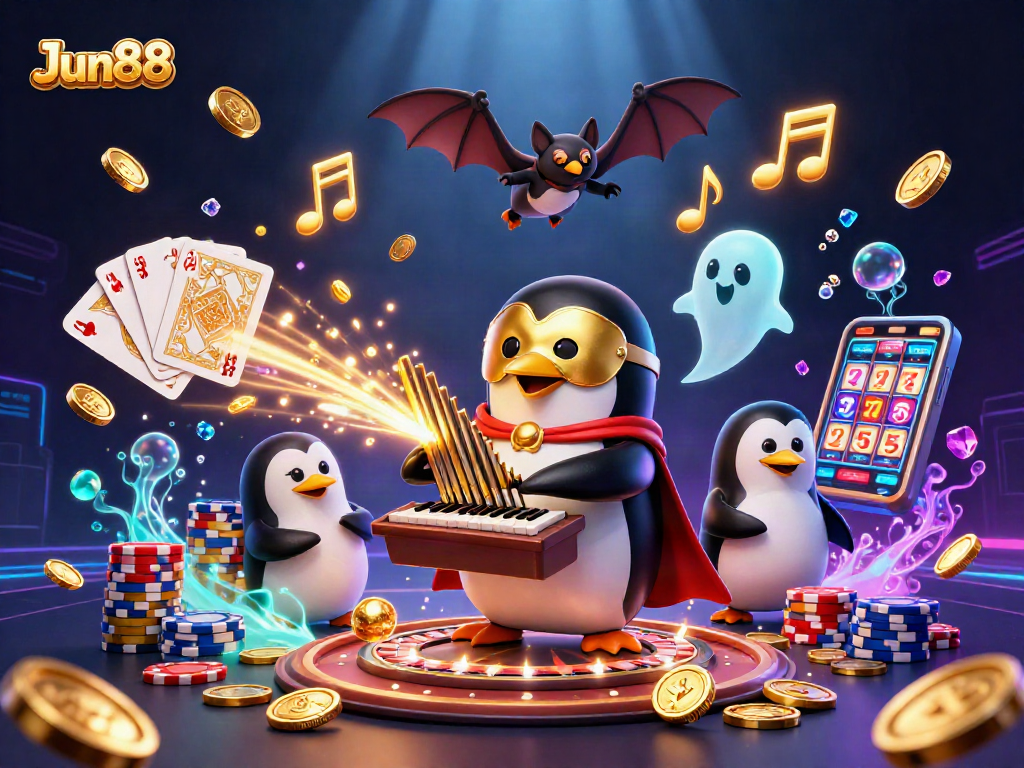 Experience thrilling wins with Jun88 as the phantom opera penguin plays his organ of golden coins.