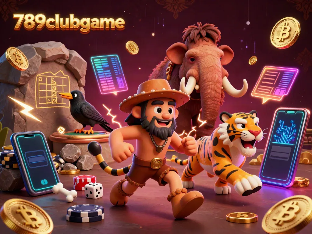 Experience the excitement of 789clubgame in a vibrant prehistoric casino scene, featuring animated characters and crypto elements.