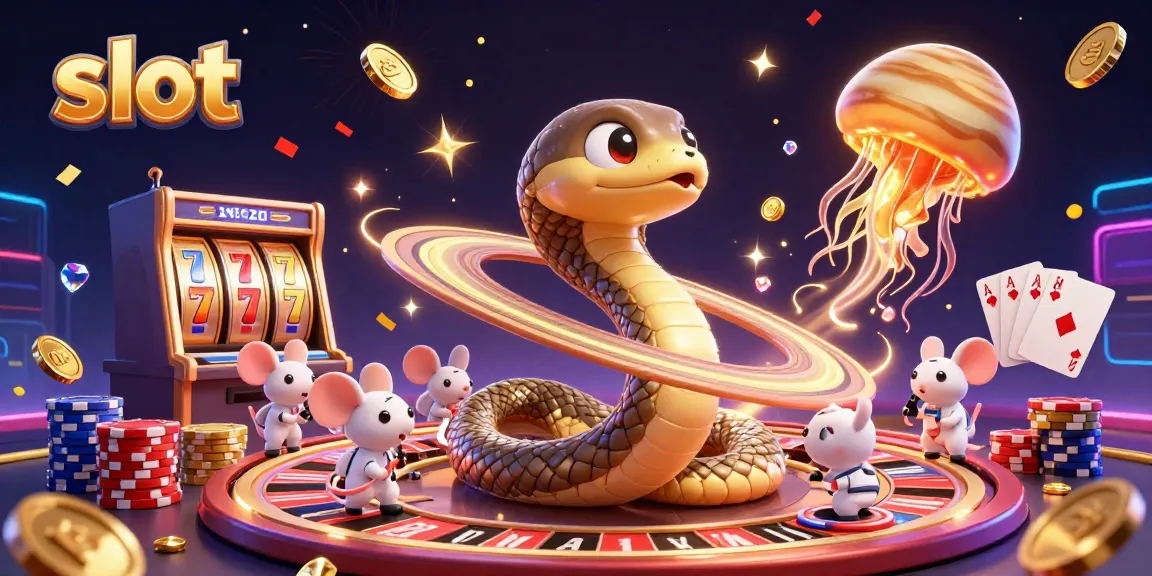 Experience thrilling slot gameplay with the cosmic Saturn snake and astronaut mice in a vibrant casino scene.