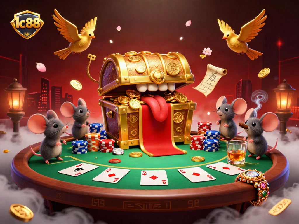 Play poker with lc88 in this vibrant, treasure-laden casino scene.