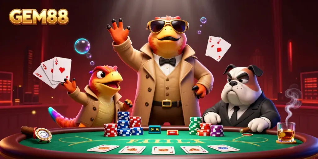 Experience GEM88 with raptors in a trench coat entering a VIP casino lounge with poker elements around them.