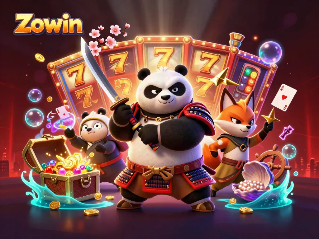 Zowin brings excitement with vibrant gaming action, featuring animated characters and slot reels surrounded by treasure.
