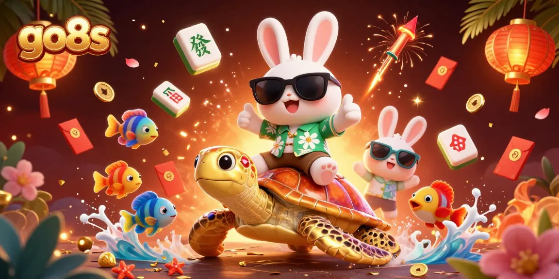 Experience thrilling gaming at go8s with a lucky rabbit and sea turtle amid vibrant casino elements.