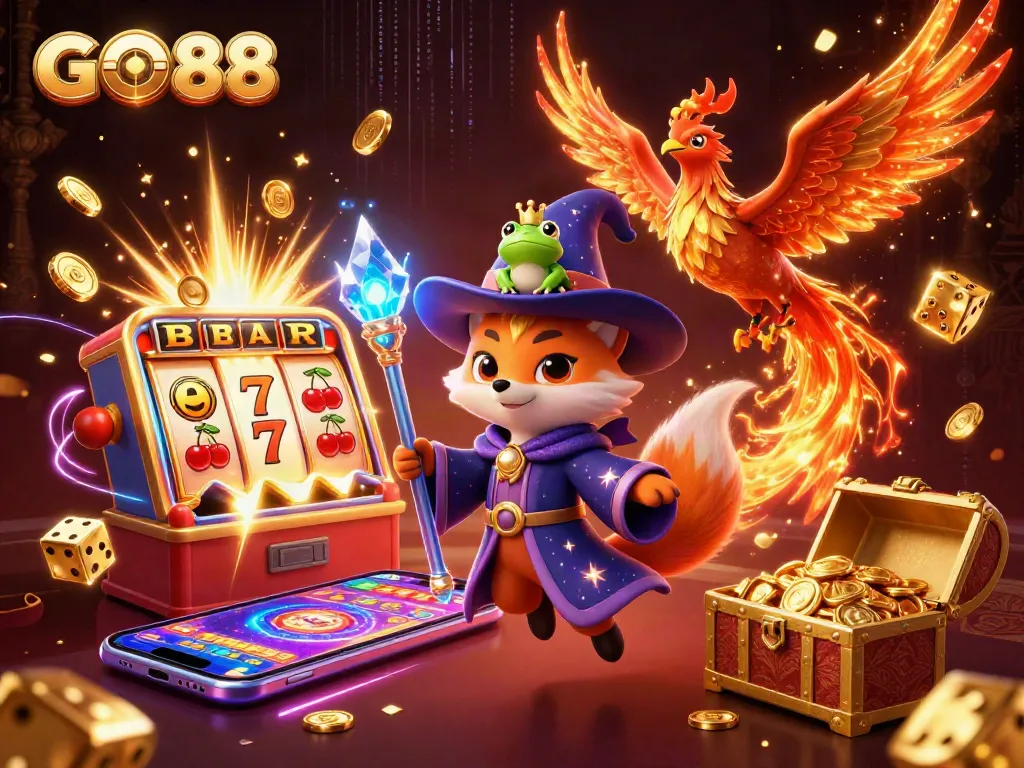 Experience the excitement of GO88 with a magical casino scene featuring a wizard fox and phoenix, slots, and treasures.