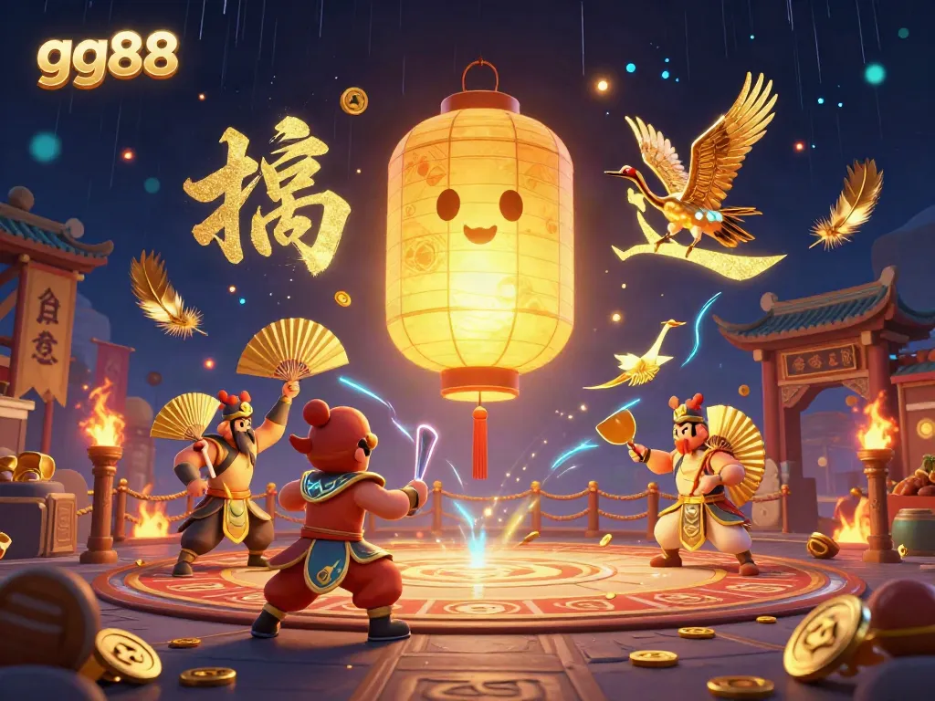 Engage in vibrant online gaming action at gg88's night market casino featuring golden lanterns and warriors.