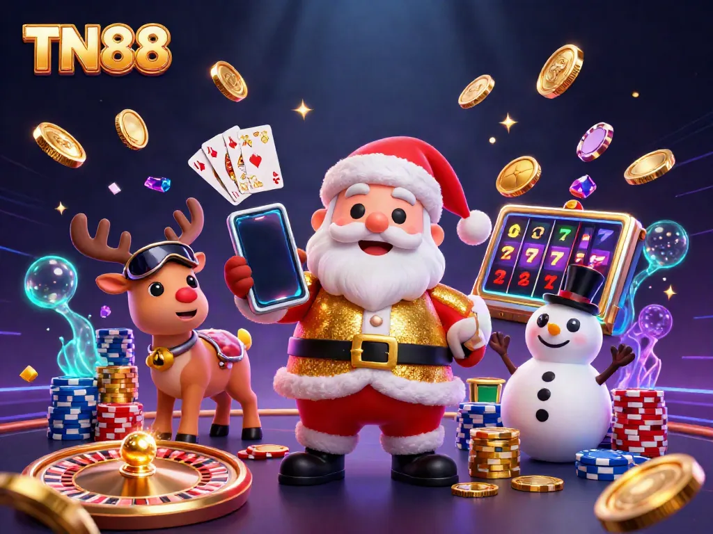 Win big with TN88: Santa, his reindeer dealer, and a snowman poker chip top hat in a festive casino scene.