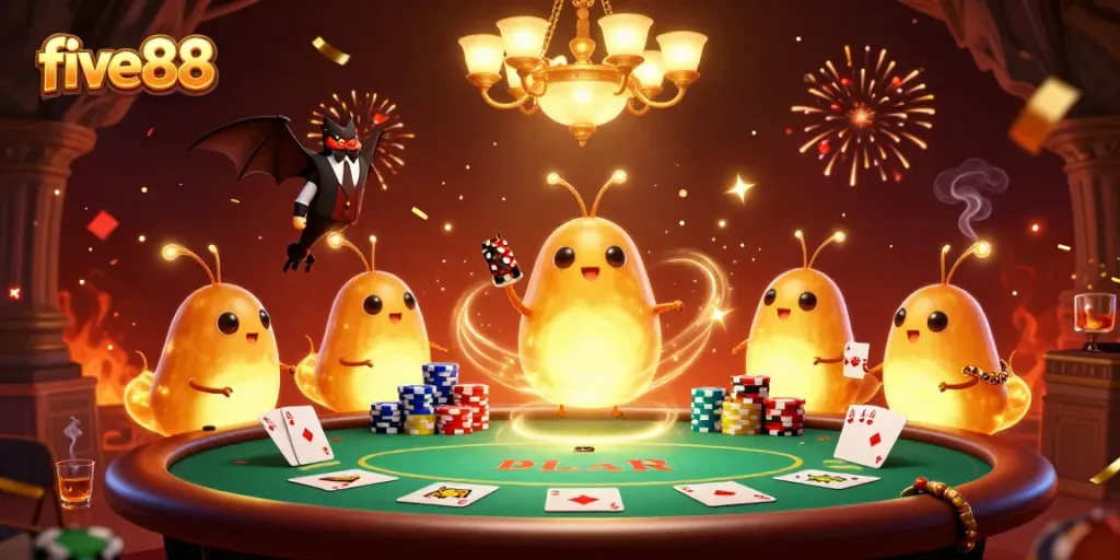 Experience excitement with five88 at this vibrant casino scene full of glowworms, poker elements, and confetti.