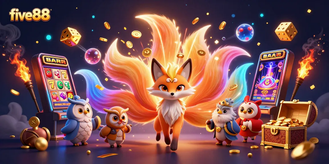 Experience the excitement of five88 with a vibrant scene featuring animated spirits and dynamic casino games.
