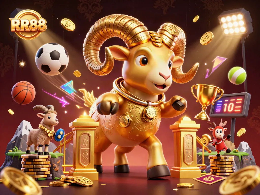 RR88 features a golden ram charging through a casino-themed illustration filled with sports elements.
