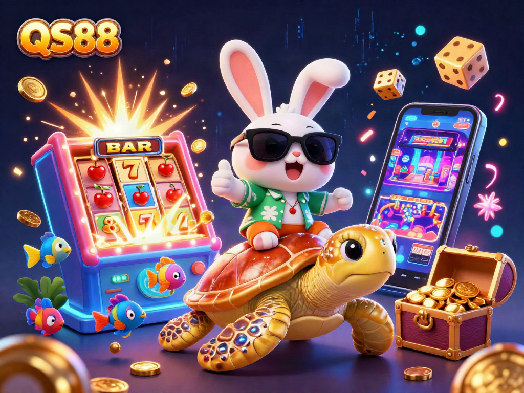 Spin the reels at QS88 with a lucky rabbit and golden turtle in a vibrant casino scene.