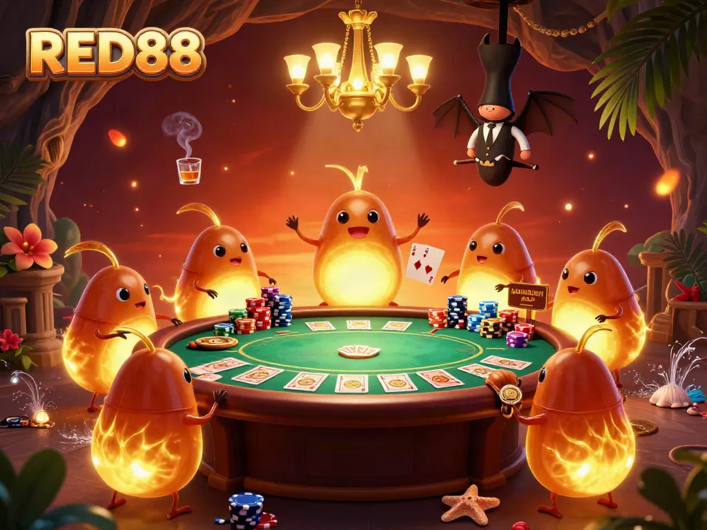 Engage in thrilling poker action at RED88's vibrant casino, illuminated by bioluminescent characters.