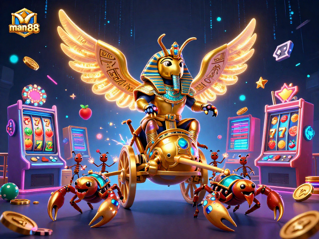 Experience the thrill of man88 with a dynamic 3D illustration featuring a golden scarab and slot machines.