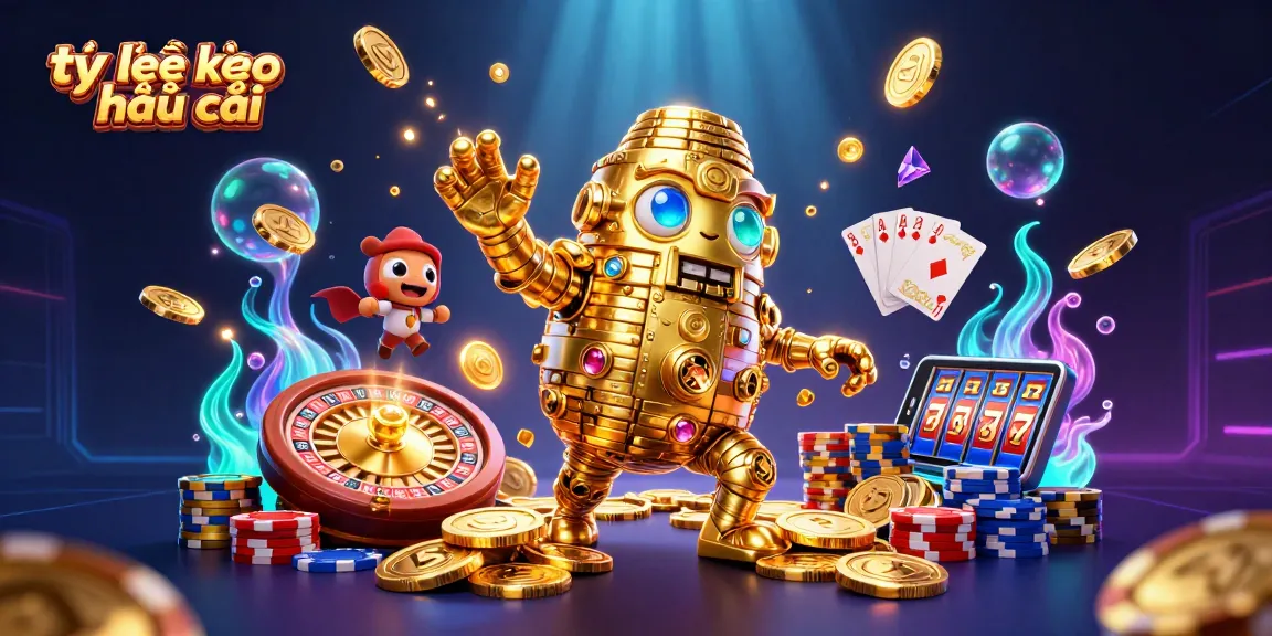 Engage with tỷ lệ kèo nhà cái featuring a golden golem surrounded by dynamic casino elements and vibrant visuals.