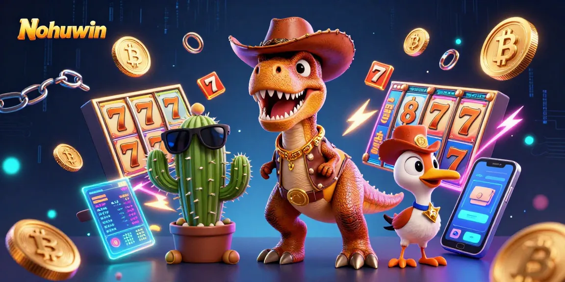 Nohuwin invites players to spin vibrant slot reels and jackpot counters in a colorful, dynamic casino scene.