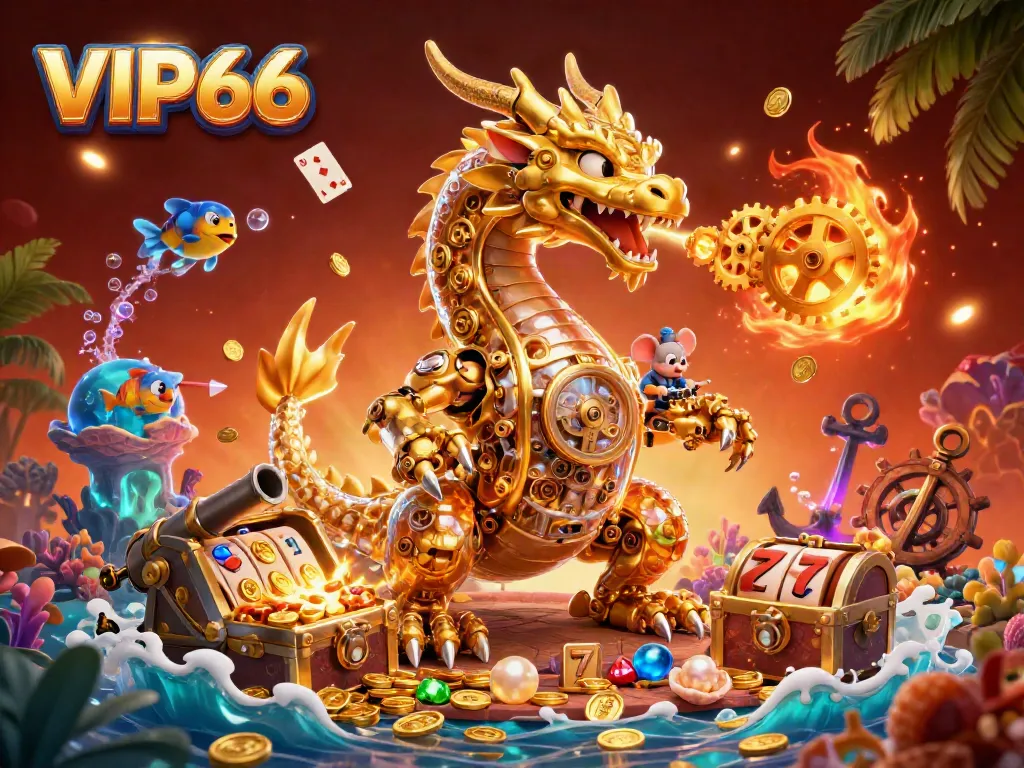 Experience winning with VIP66 in this vibrant casino scene featuring a golden dragon.
