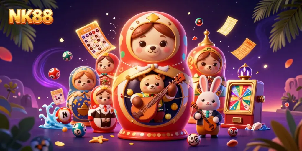 Join the exciting world of NK88 with colorful lottery elements and a festive casino atmosphere.