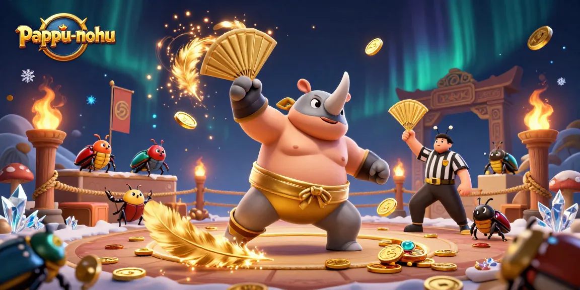 Pappu-nohu depicts a sumo beetle stomping coins in a vibrant casino arena.