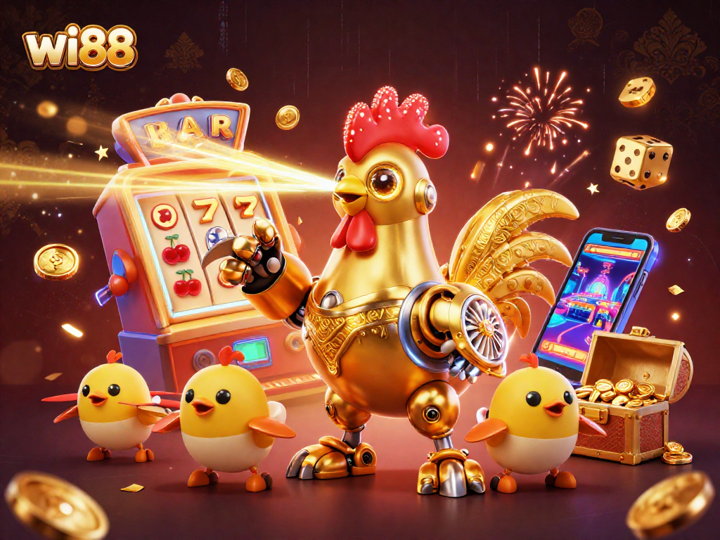 Experience thrilling gaming at wi88 with a vibrant, 3D cartoon casino scene featuring action-packed symbols.