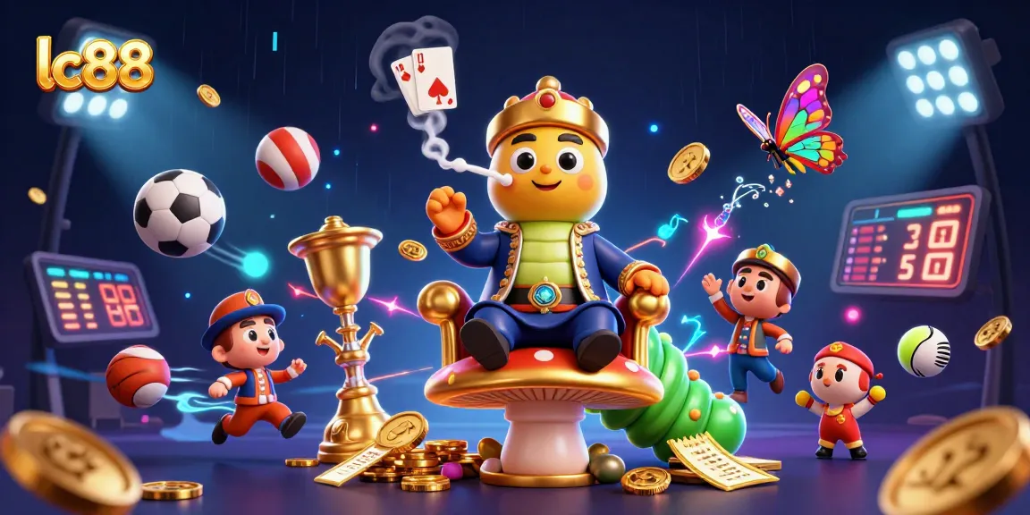 Experience thrilling bets at lc88 with a dynamic scene of a vibrant casino master amidst playful gaming elements.