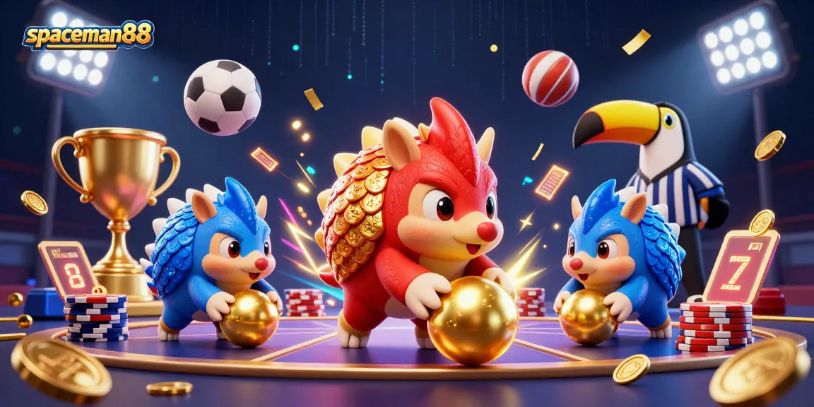 Experience the excitement of spaceman88 with rival pangolins competing amidst vibrant casino elements.
