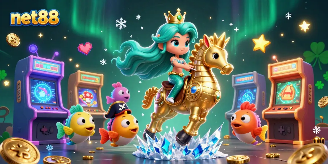 Engage with net88's vibrant casino adventure featuring a mermaid princess, seahorse, and colorful fish.