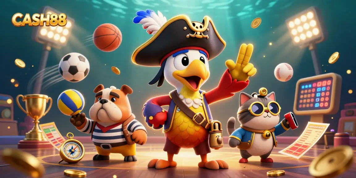 CASH88 showcases an exciting pirate-themed digital illustration featuring dynamic sports elements and casino vibes.