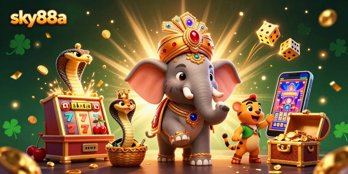 Experience exciting wins at sky88a with a vibrant slot machine explosion and colorful characters.