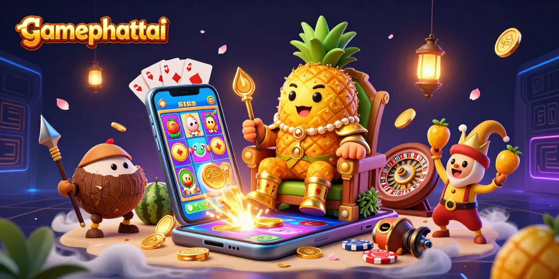 Experience gamephattai with a vibrant golden pineapple king in a dynamic casino scene filled with energy.