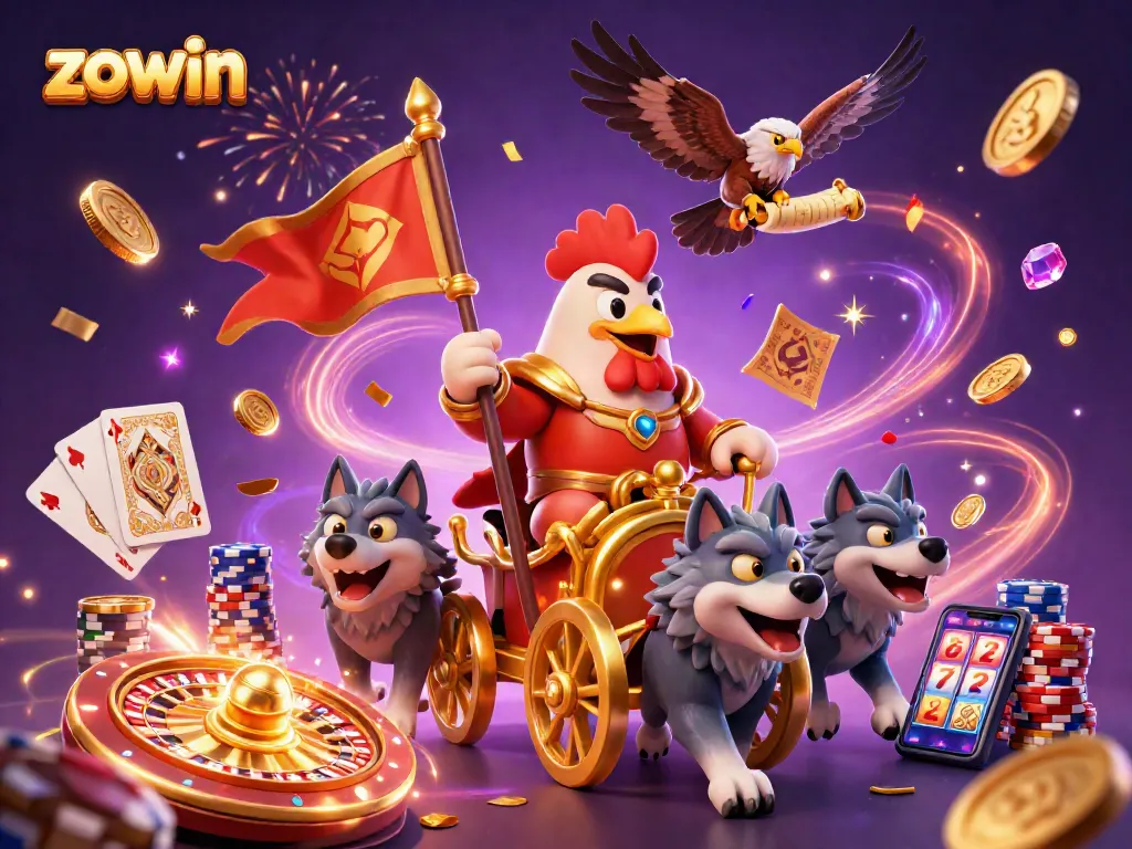 Experience the thrill of Zowin as the rooster warlord leads a dynamic casino adventure with golden coins and festive energy.