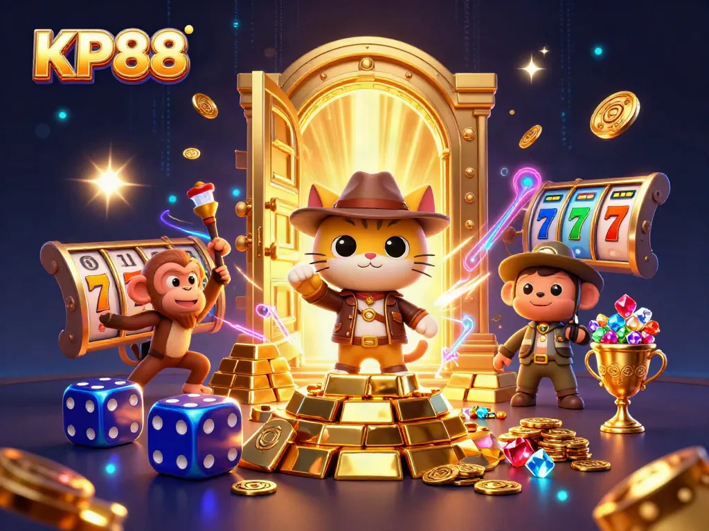 Experience the thrill of KP88 as a cartoon explorer and monkey uncover golden casino treasures amidst dynamic game elements.