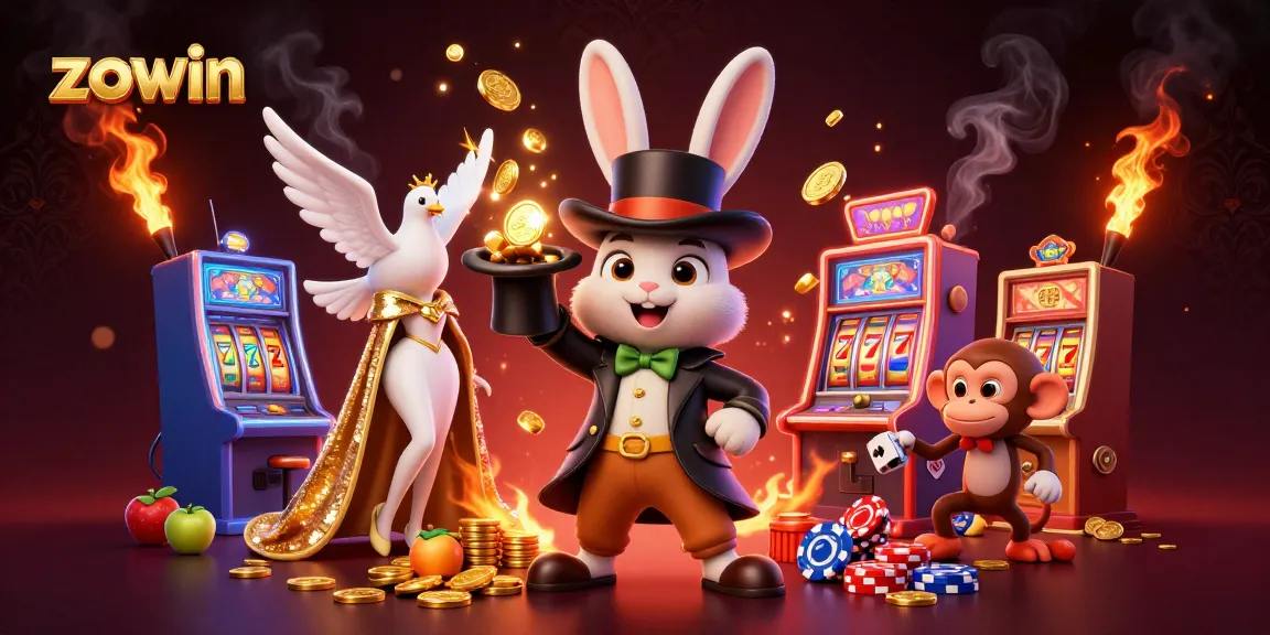 Zowin casino game features a magician rabbit pulling coins while a dove and monkey enrich the experience.