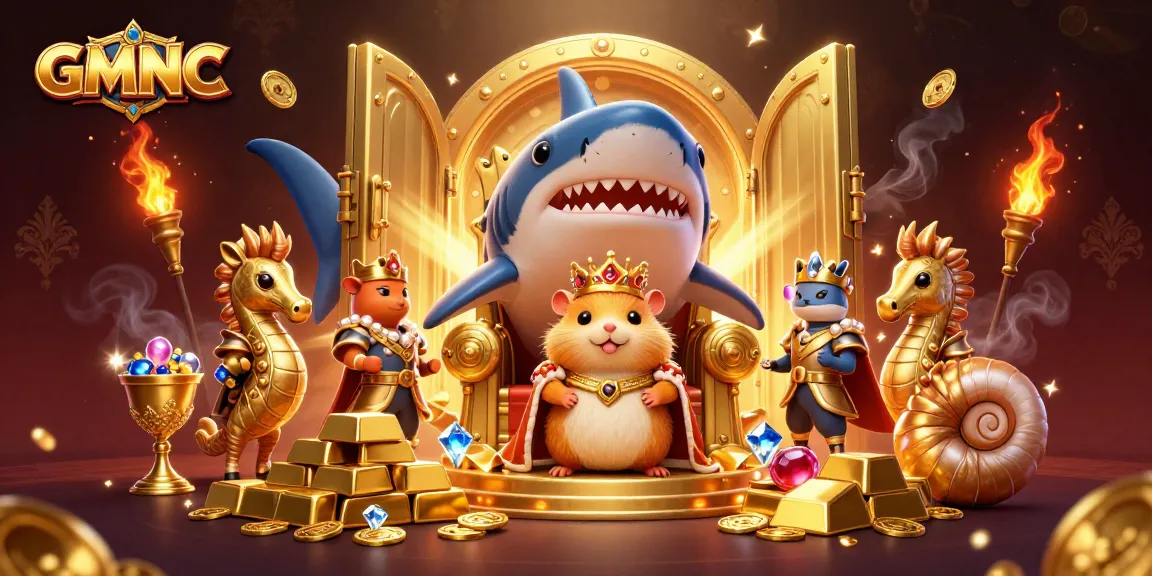 Experience GMNC's vibrant world through a dazzling 3D casino illustration showcasing the golden hamster king and treasure elements.