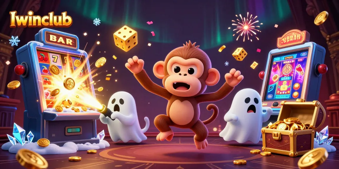 Experience thrilling wins at Iwinclub with a ghostly monkey juggling casino treasures in a vibrant scene.
