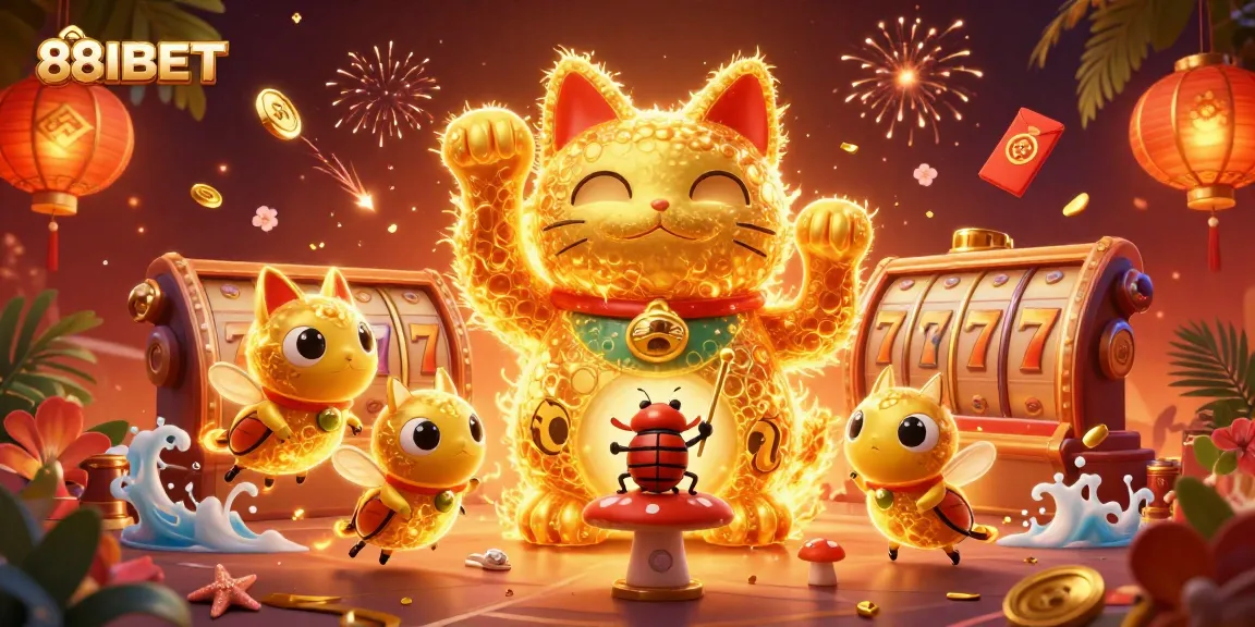 Engage with the vibrant lucky cat scene featuring 88IBET's casino symbols and festive elements.
