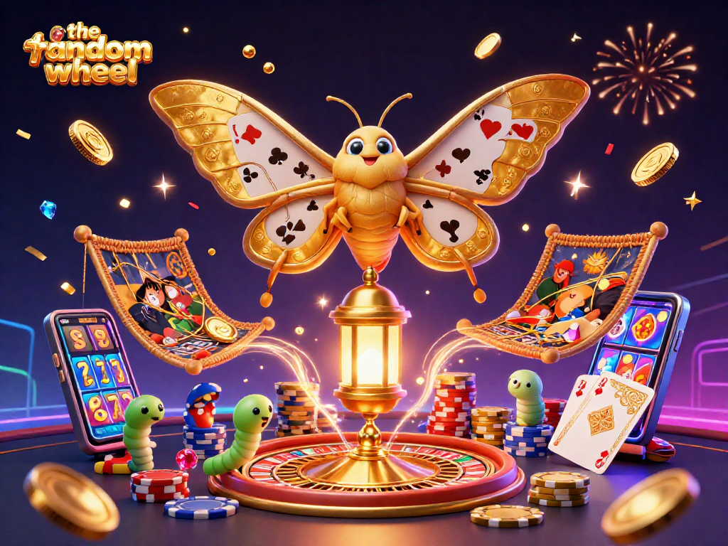 The-random-wheel showcases an enchanting scene with playful characters amid dazzling casino elements like golden coins and a roulette wheel.