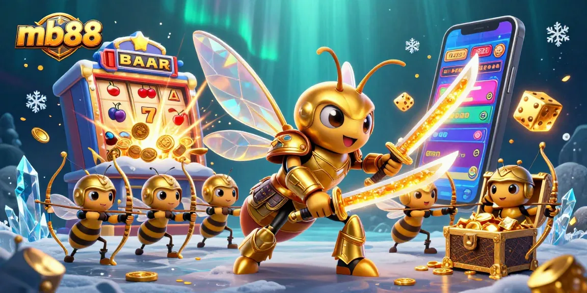 Experience the thrill of mb88 with a dynamic 3D casino scene featuring vibrant slot elements and golden mascot.
