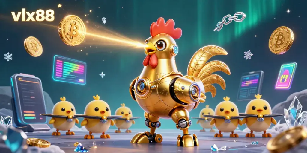 Experience thrilling gameplay at vlxx88 with a unique casino scene featuring a golden rooster robot and crypto elements.