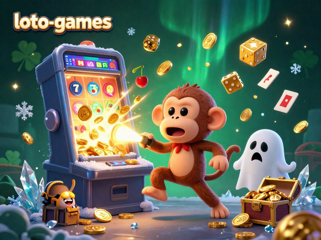 Loto-games features a mischievous poltergeist monkey and ghost-hunter puppy in a dynamic casino scene.