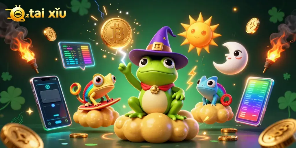 Experience the excitement of app tài xỉu with a wizard frog and chameleon in a golden coin storm.