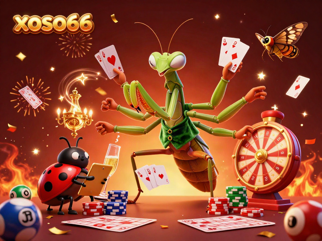 xoso66 highlights thrilling lottery gameplay with a vibrant illustration featuring a card sharp, pit boss, and dynamic elements.