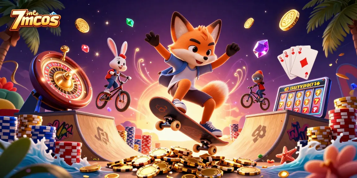 Experience thrilling moments with 7mcnscore as a fox kickflips over poker chips in a colorful casino scene.