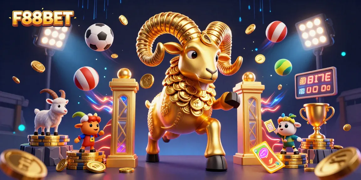 Experience thrilling gaming action at F88BET with a dynamic scene featuring vibrant sports elements and golden rewards.