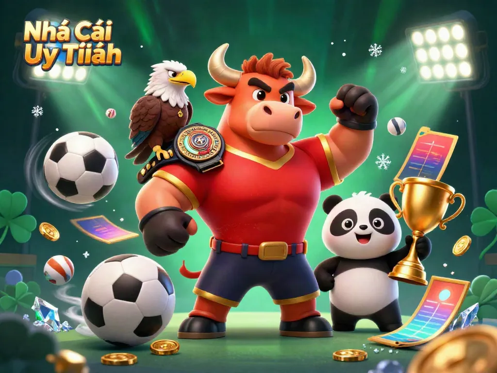 Engaging scene of Nhà Cái Uy Tín with a muscular bull, eagle, and panda amidst dynamic sports elements, showcasing excitement in gambling.