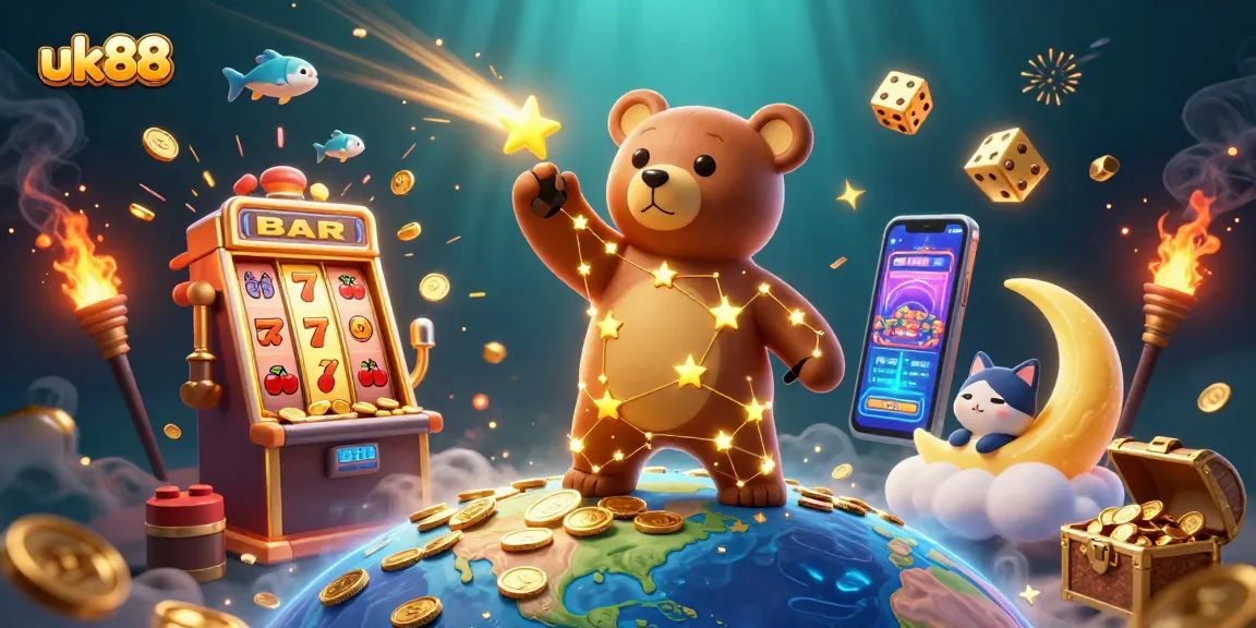 Experience the thrill of uk88 slots with vibrant golden bears, jackpots, and casino symbols. Join the fun!
