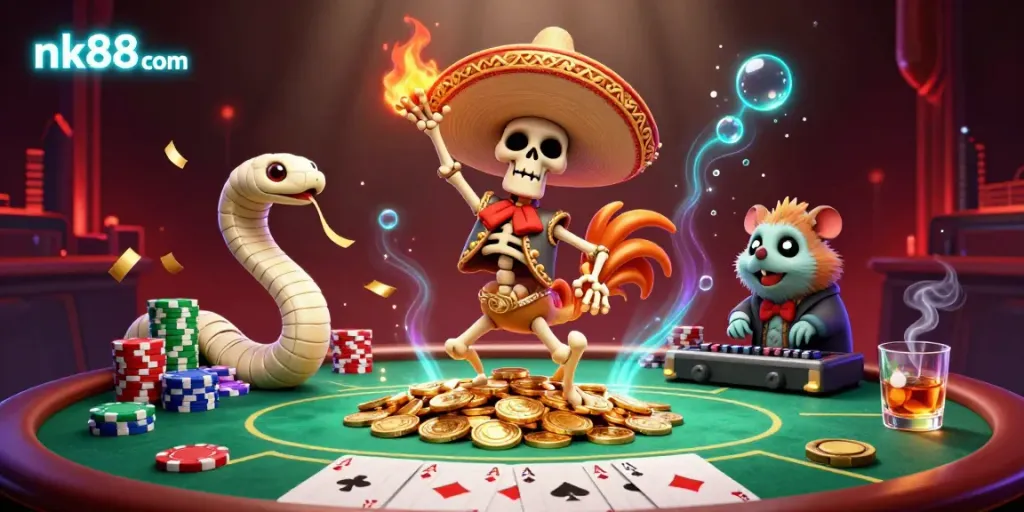 Experience the excitement of nk88 com with a colorful casino scene featuring dancing characters and vibrant poker elements.